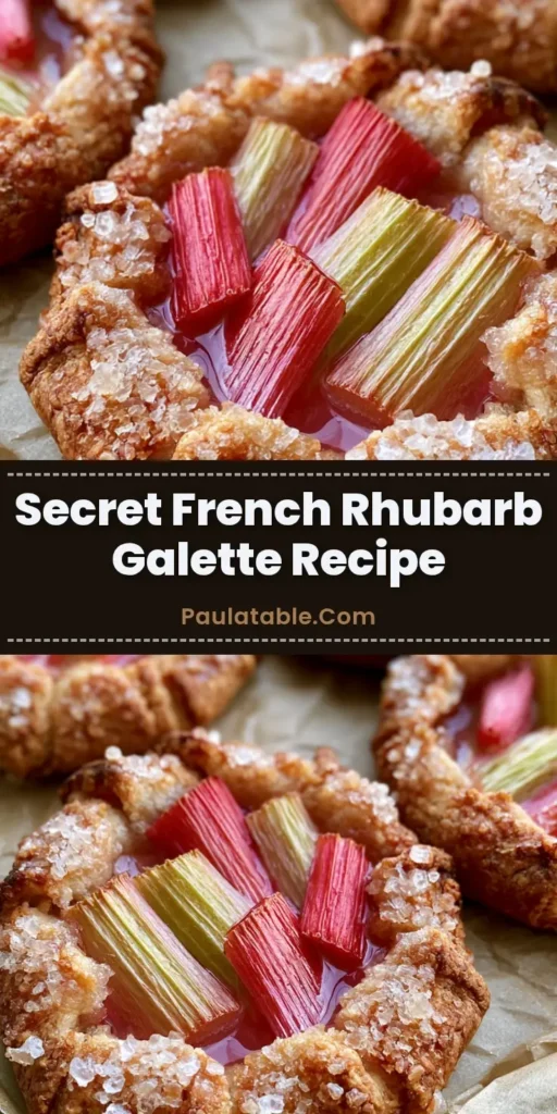 Three mini rustic rhubarb galettes on crumpled brown parchment paper with turbinado sugar crust. (Rhubarb Galette Recipe)