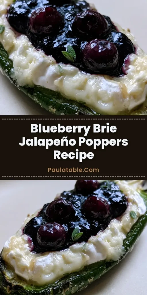 A close-up vertical shot of Blueberry Brie Jalapeño Poppers featuring charred green peppers and melted white cheese topped with dark purple fruit.