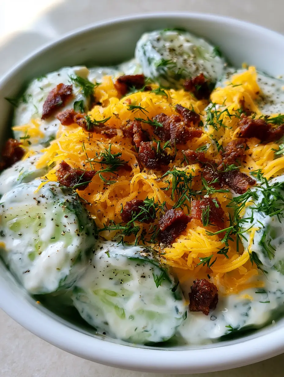 Close up of Cucumber Ranch Crack Salad in a white bowl showing the creamy dressing and crispy bacon toppings.
