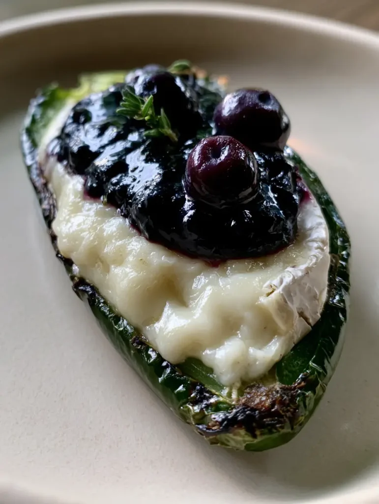 A handheld smartphone photo showing a single roasted Blueberry Brie Jalapeño Popper with a glossy reduction and fresh thyme.