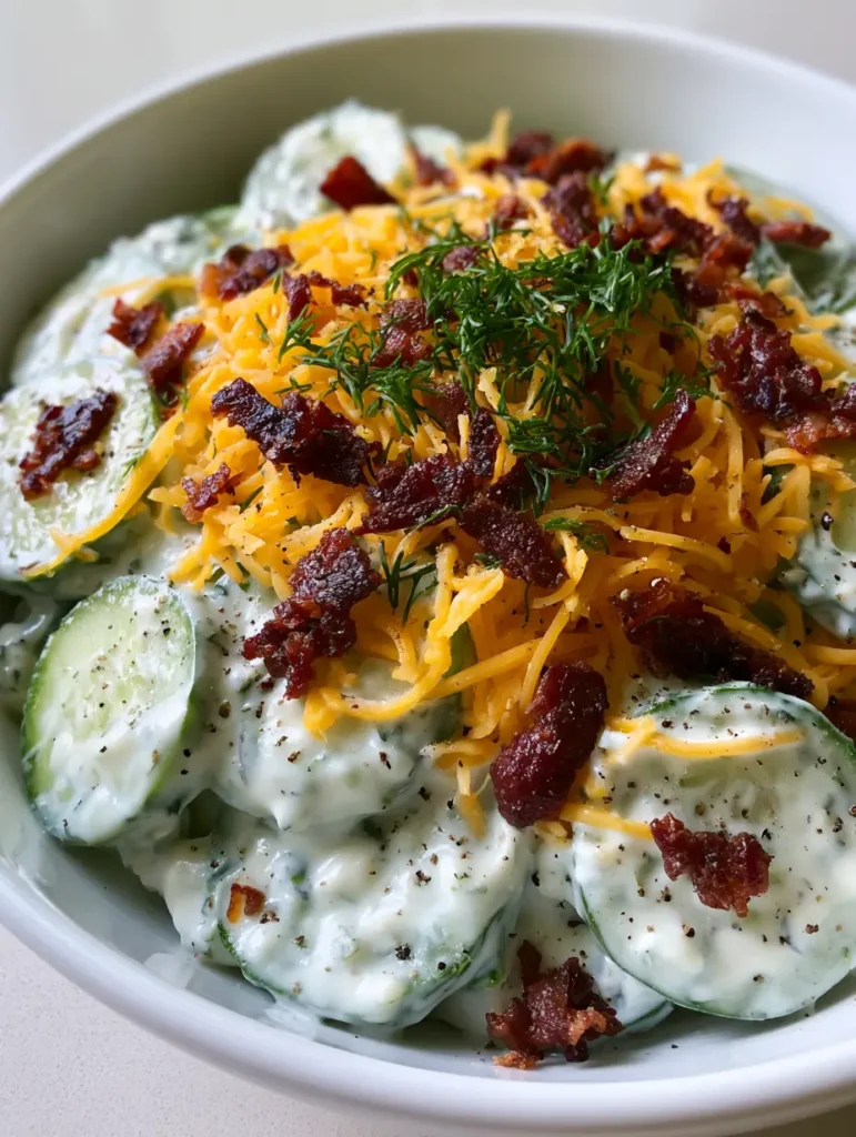Overhead view of a fresh Cucumber Ranch Crack Salad garnished with fresh dill and black pepper.
