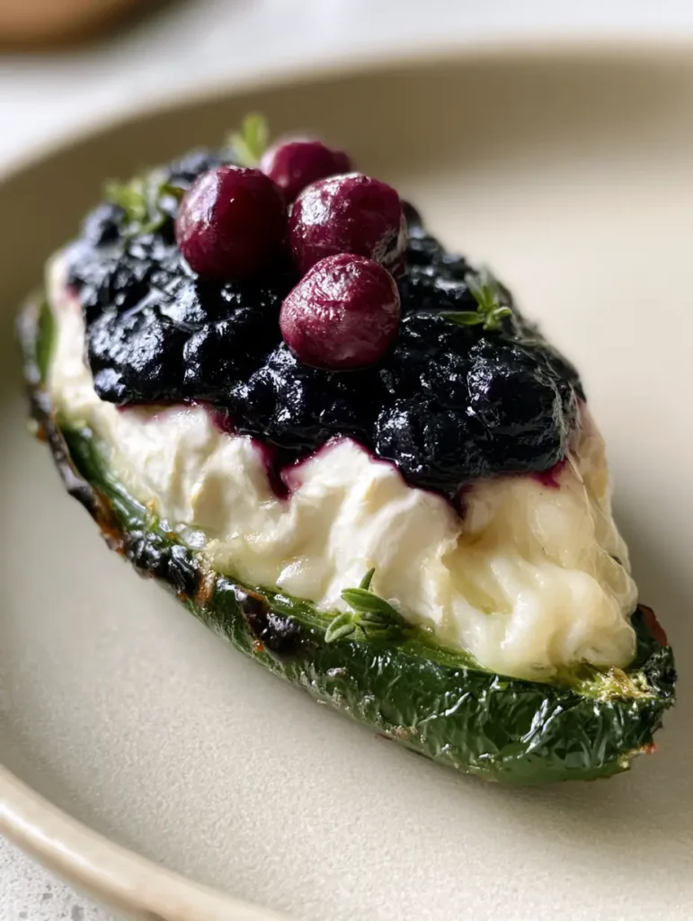 A single jalapeno popper on a neutral plate, showing blistered skin and whole softened blueberries on top of melted brie cheese.