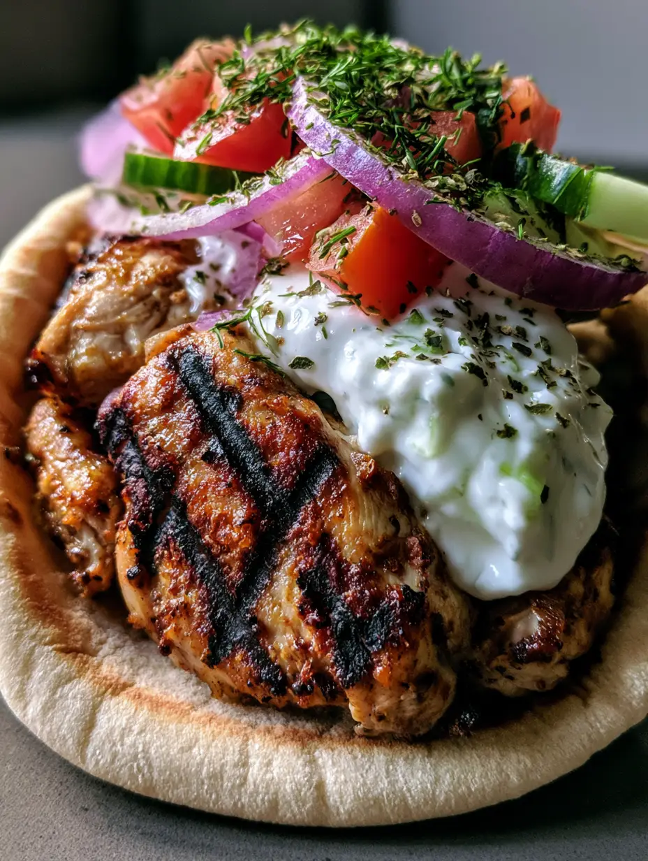 Greek Chicken Gyros with Homemade Tzatziki and Soft Pita 4 Close up of bite-sized grilled chicken breast with dark char marks inside a warm pita. (Greek Chicken Gyros)