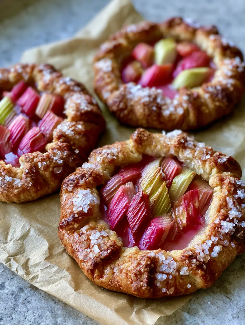 Smartphone photo of three mini rhubarb galettes with glistening diagonal rhubarb slices. (Rhubarb Galette Recipe)