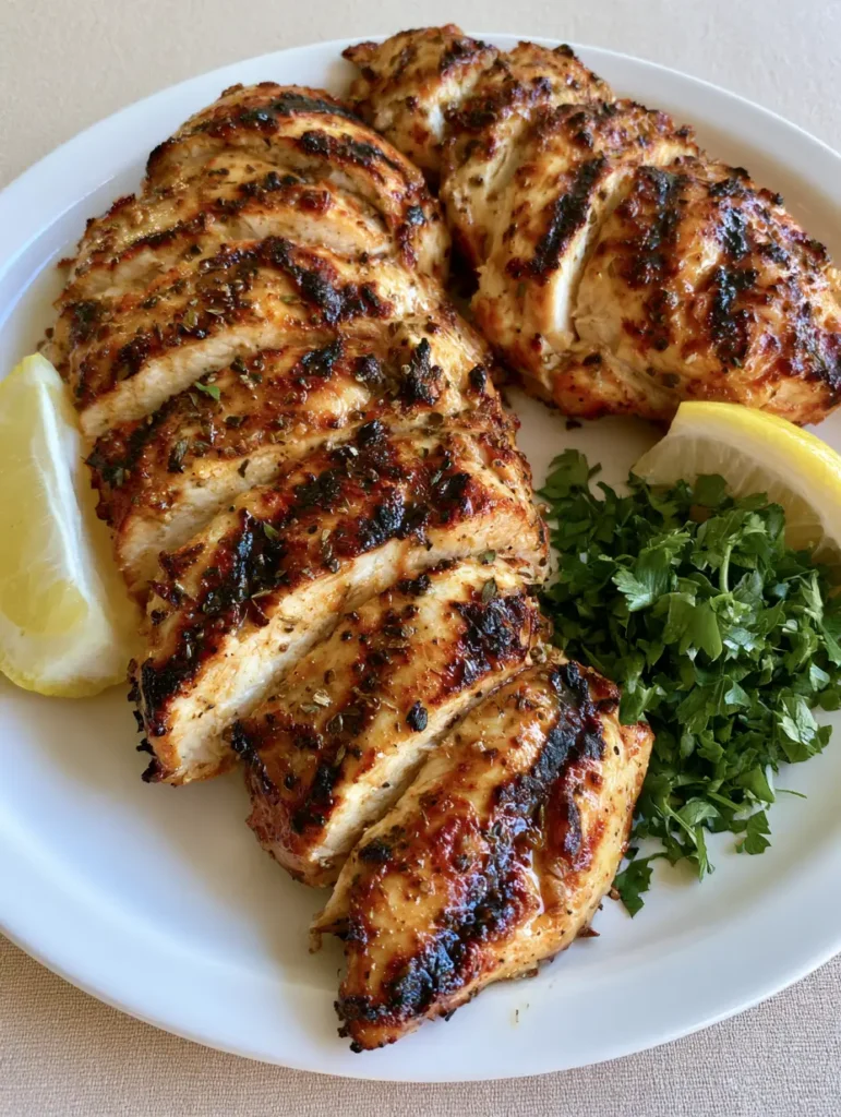Greek Chicken Marinade: The Ultimate Juicy Yogurt Recipe 1 A plain white plate with grilled chicken strips, lemon wedges, and chopped parsley, showing the results of the Greek Chicken Marinade.