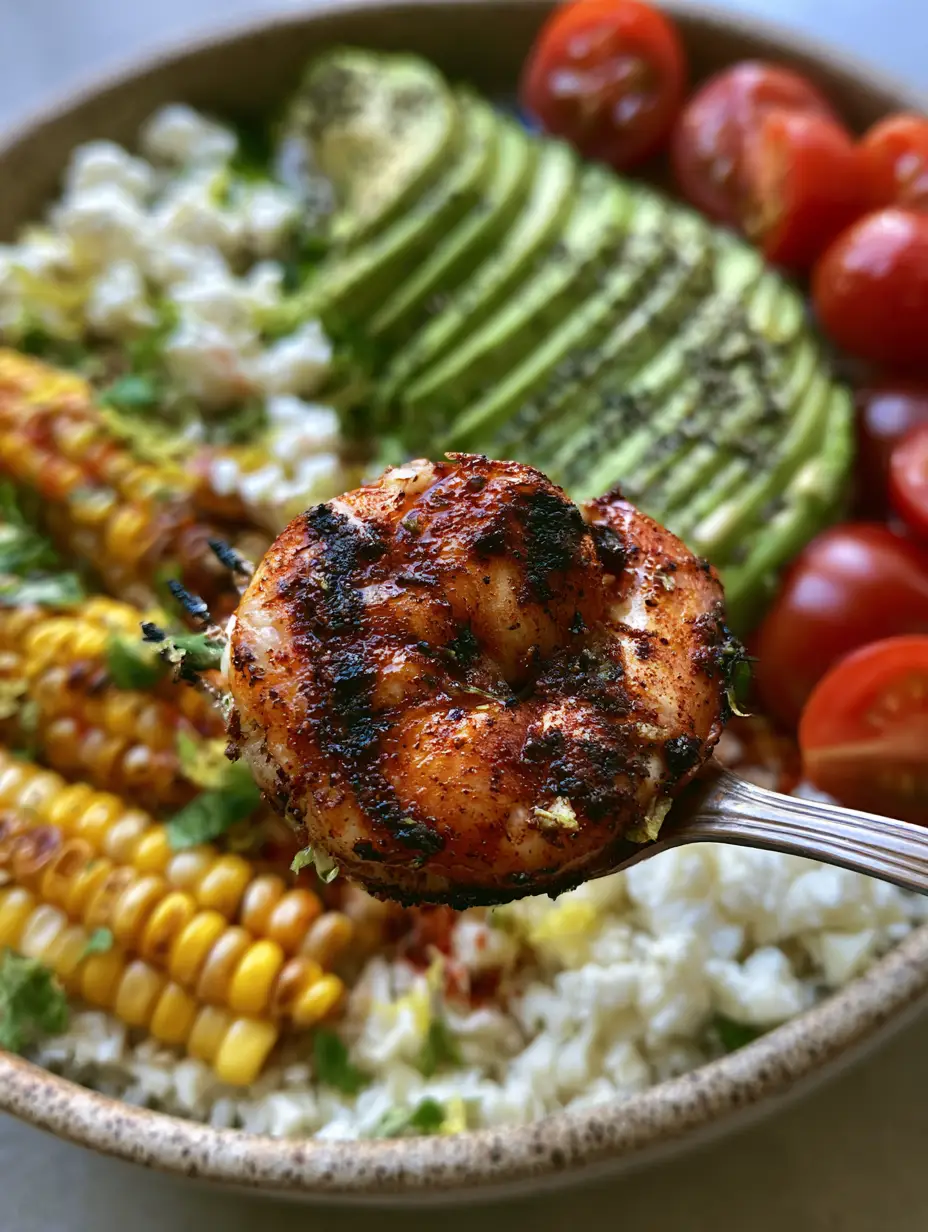 Grilled Shrimp Bowl with Charred Blackened Seasoning and Cauliflower Rice 4 Close up of a spoon holding a charred blackened shrimp over a Grilled Shrimp Bowl.
