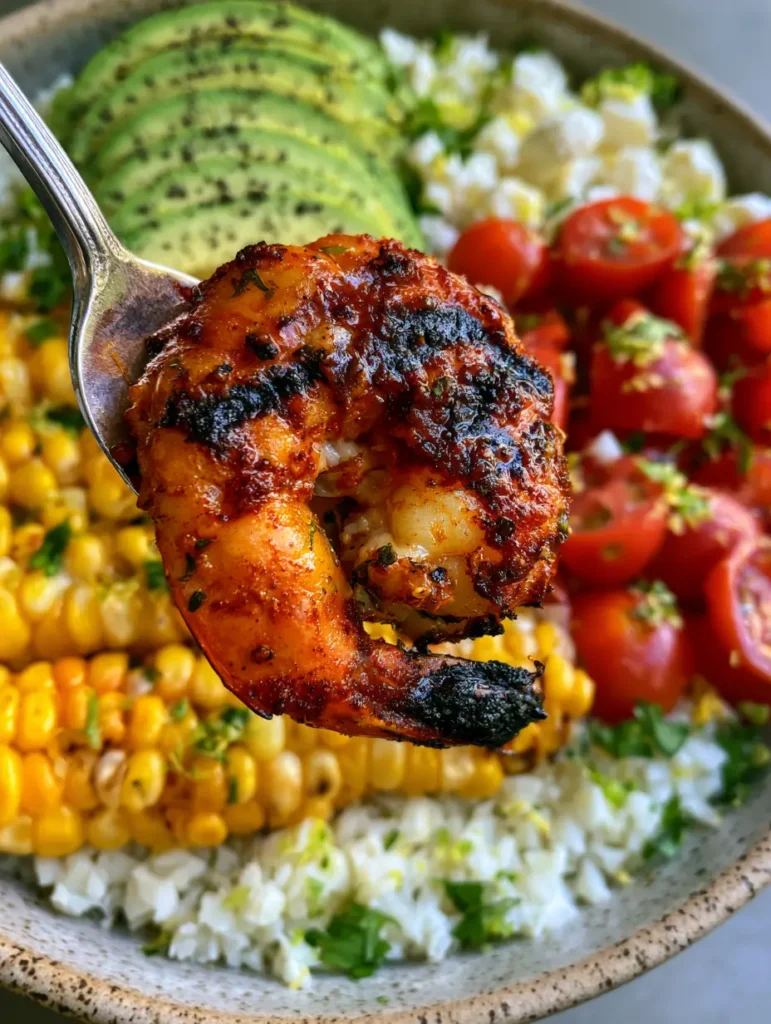 Grilled Shrimp Bowl with Charred Blackened Seasoning and Cauliflower Rice 1 A vibrant Grilled Shrimp Bowl styled with fresh ingredients like avocado, corn, and feta.