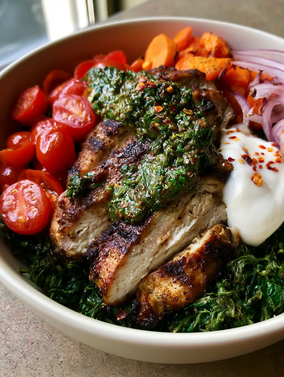 Chimichurri Grilled Chicken Bowl: The Ultimate Zesty Weeknight Meal 4 High-angle view of a Chimichurri Grilled Chicken Bowl in a white ceramic dish with dark green kale, orange carrots, and bright red tomatoes.