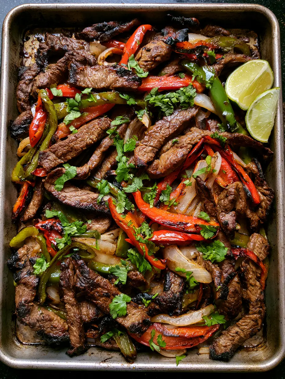 Vacation Meals for Families: Sizzling Sheet Pan Steak Fajitas 4 Close up of charred red and green bell peppers and seared steak strips on a baking sheet, perfect for vacation meals for families.