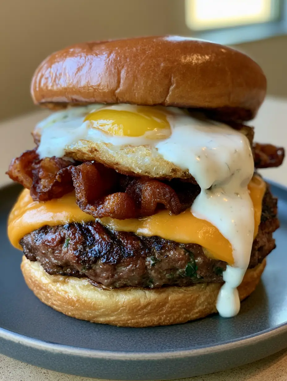 Crack Burgers: The Ultimate Loaded Ranch Burger with Bacon and Egg 3 Eye-level shot of a juicy Crack Burger showing the seared beef patty, melted cheddar, and runny yellow yolk. (Crack Burgers)