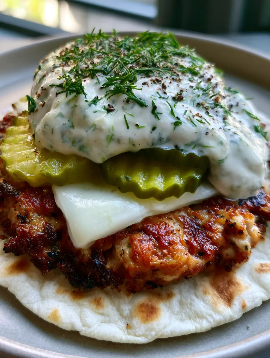 Close-up of a single Dill Pickle Ranch Smash Taco showing the crispy browned chicken edges and creamy ranch dressing flecked with herbs.
