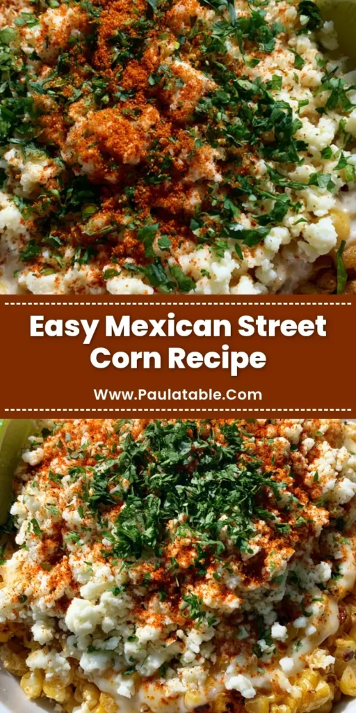Mexican Street Corn: The Best Easy Sautéed Recipe (Esquites) 3 A tall Pinterest pin image showing Mexican Street Corn with toasted yellow kernels, white cotija cheese, and red chili powder in a white bowl.