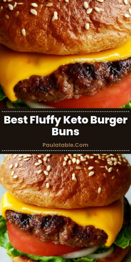 A towering low carb burger with a golden-brown Keto Burger Bun topped with sesame seeds, seared beef, melted cheddar, lettuce, tomato, and onion.