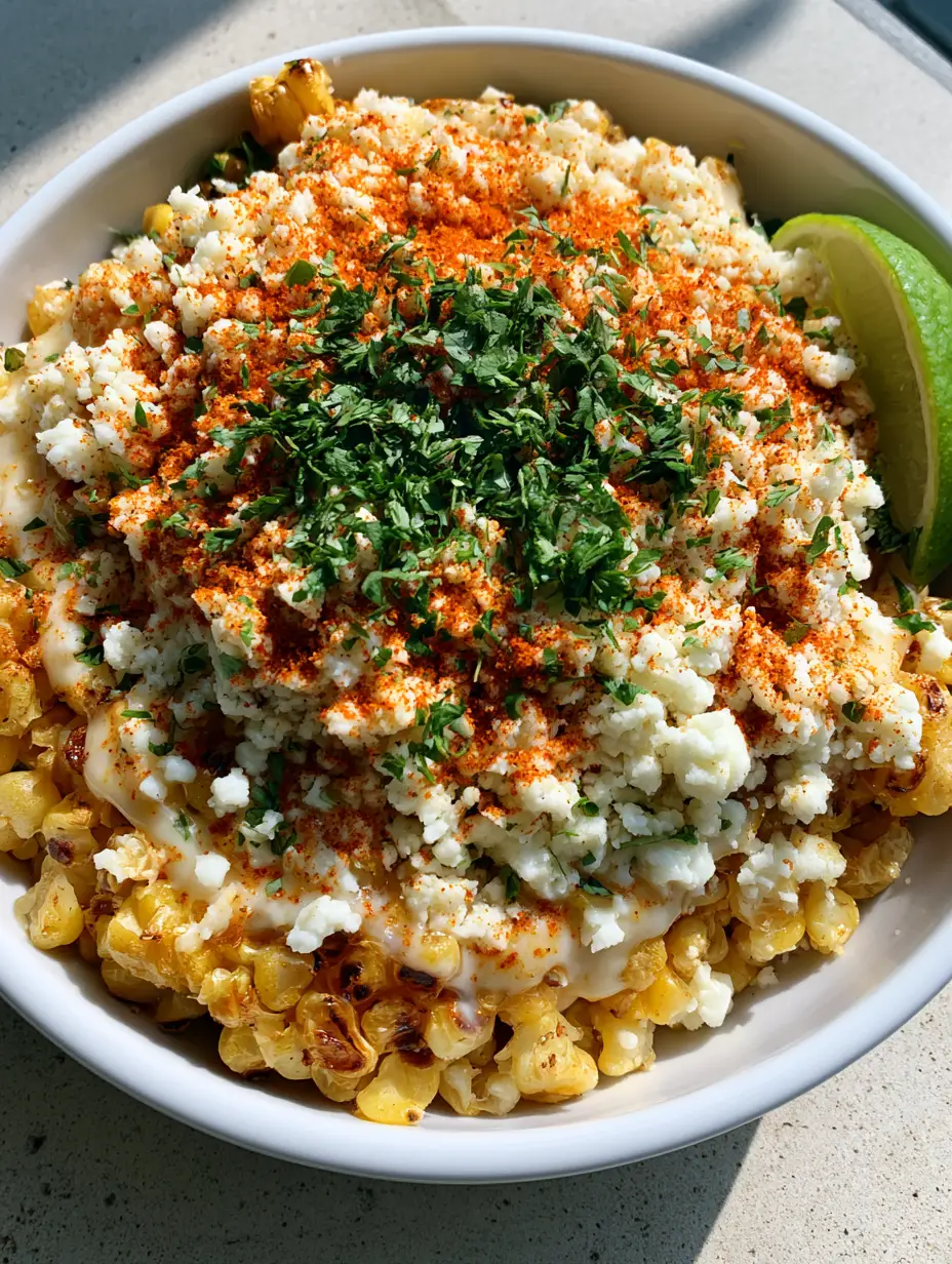 Mexican Street Corn: The Best Easy Sautéed Recipe (Esquites) 4 Top-down view of sautéed Mexican Street Corn with toasted brown edges and creamy lime sauce in a shallow bowl.