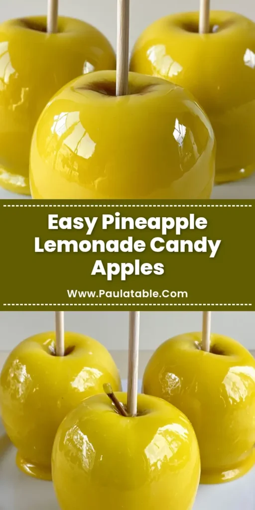 Pineapple Lemonade Candy Apples: The Ultimate Summer Treat 4 A trio of gourmet Pineapple Lemonade Candy Apples with a vibrant glossy yellow candy shell on vertical wooden sticks. (Pineapple Lemonade Candy Apples)