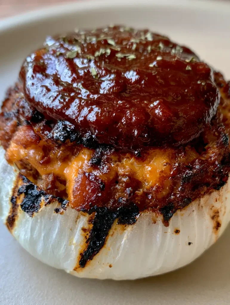 Stuffed Onion Bombs with Melted Cheddar and Crispy Bacon 2 Smartphone photo of a grilled Stuffed Onion Bomb showing dark grill marks on a translucent onion shell and a thick BBQ sauce coating.
