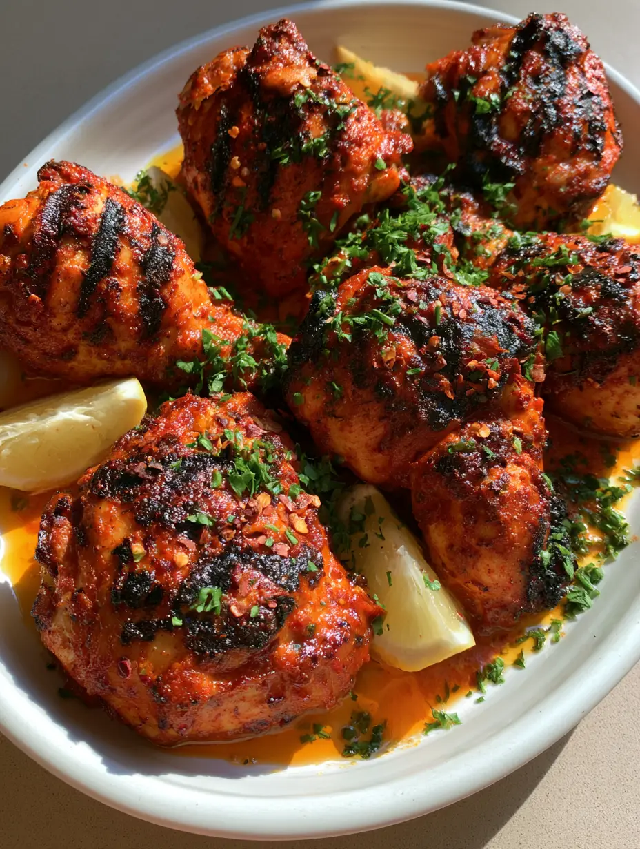 A handheld smartphone photo of charred Portuguese Grilled Chicken thighs and drumsticks on a white platter with lemon and parsley. (Portuguese Grilled Chicken)