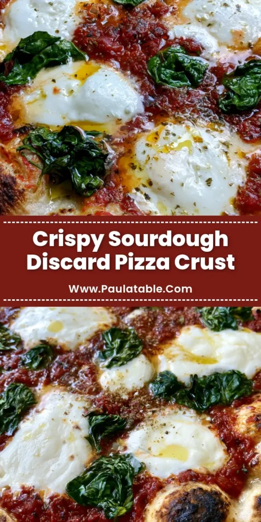 A rustic Sourdough Discard Pizza Crust with charred edges, vibrant red sauce, and melted fresh mozzarella pools on a wooden peel.