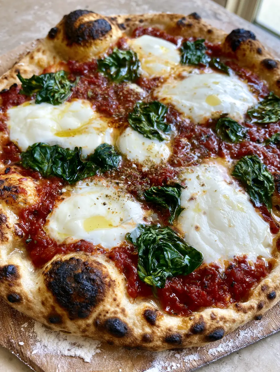 Close-up of Sourdough Discard Pizza Crust showing airy charred bubbles and wilted fresh basil.
