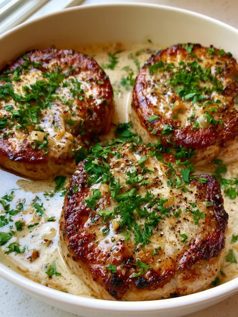 Creamy Garlic Smothered Pork Chops: The Ultimate 30-Minute Comfort Meal 1 A top-down view of the thick pale ivory garlic cream sauce with swirls of rendered fat and fresh parsley garnish. (Creamy Garlic Smothered Pork Chops)