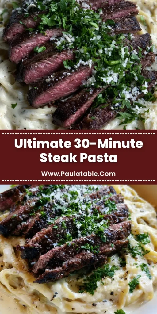 A close-up shot of Creamy Steak Pasta featuring juicy medium-rare steak slices over fettuccine in a thick white sauce with parsley garnish.