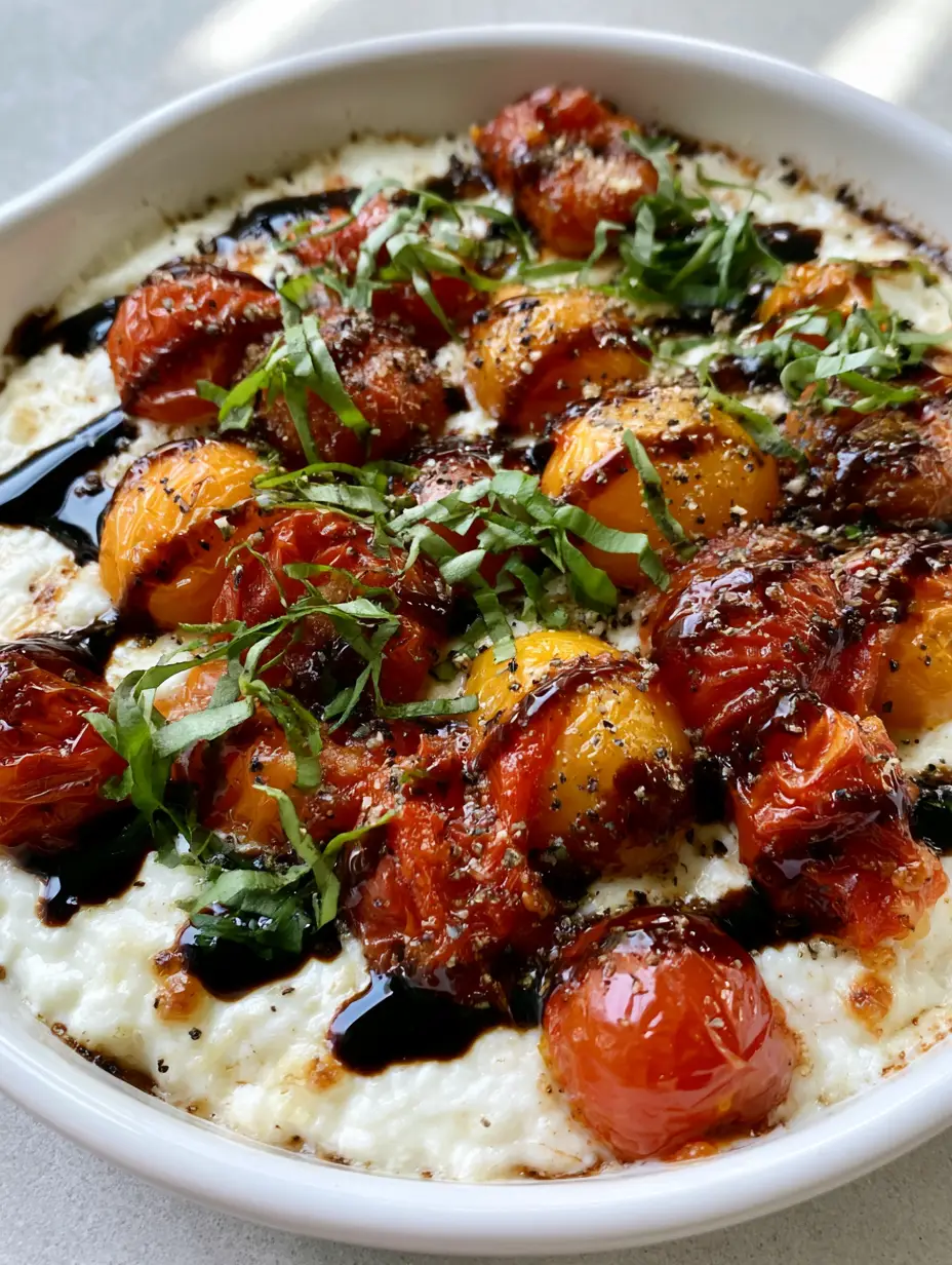 Three-Cheese Tomato Bruschetta Dip: The Ultimate Skillet Appetizer 3 Close-up photo of bubbly Three-Cheese Tomato Bruschetta Dip featuring melted ricotta, mozzarella, and blistered red and yellow cherry tomatoes.