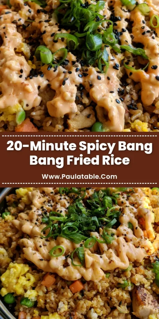 Bang Bang Fried Rice with Crispy Chicken and Spicy Mayo Drizzle 4 A close-up vertical shot of Bang Bang Fried Rice in a dark bowl, featuring a messy zigzag of orange spicy mayo, seared chicken, and vibrant green peas. (Bang Bang Fried Rice)