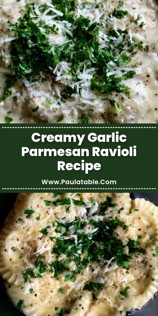 Creamy Garlic Parmesan Ravioli with Fresh Parsley 4 Top-down view of Creamy Garlic Parmesan Ravioli in a matte black bowl garnished with parsley and black pepper.