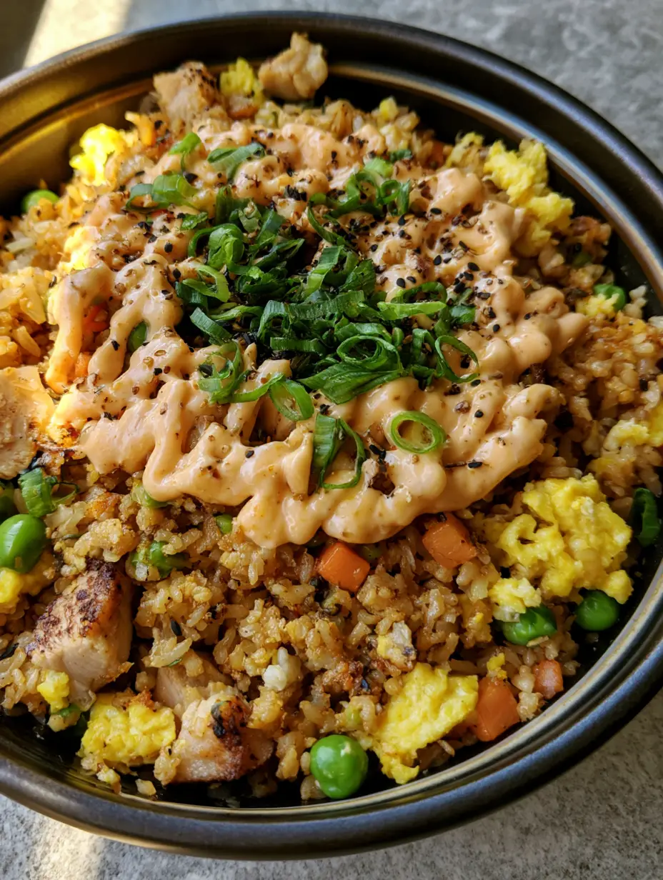 Bang Bang Fried Rice with Crispy Chicken and Spicy Mayo Drizzle 3 A handheld smartphone photo of seasoned jasmine rice with seared chicken cubes, egg curds, and a thick bang bang sauce drizzle. (Bang Bang Fried Rice)