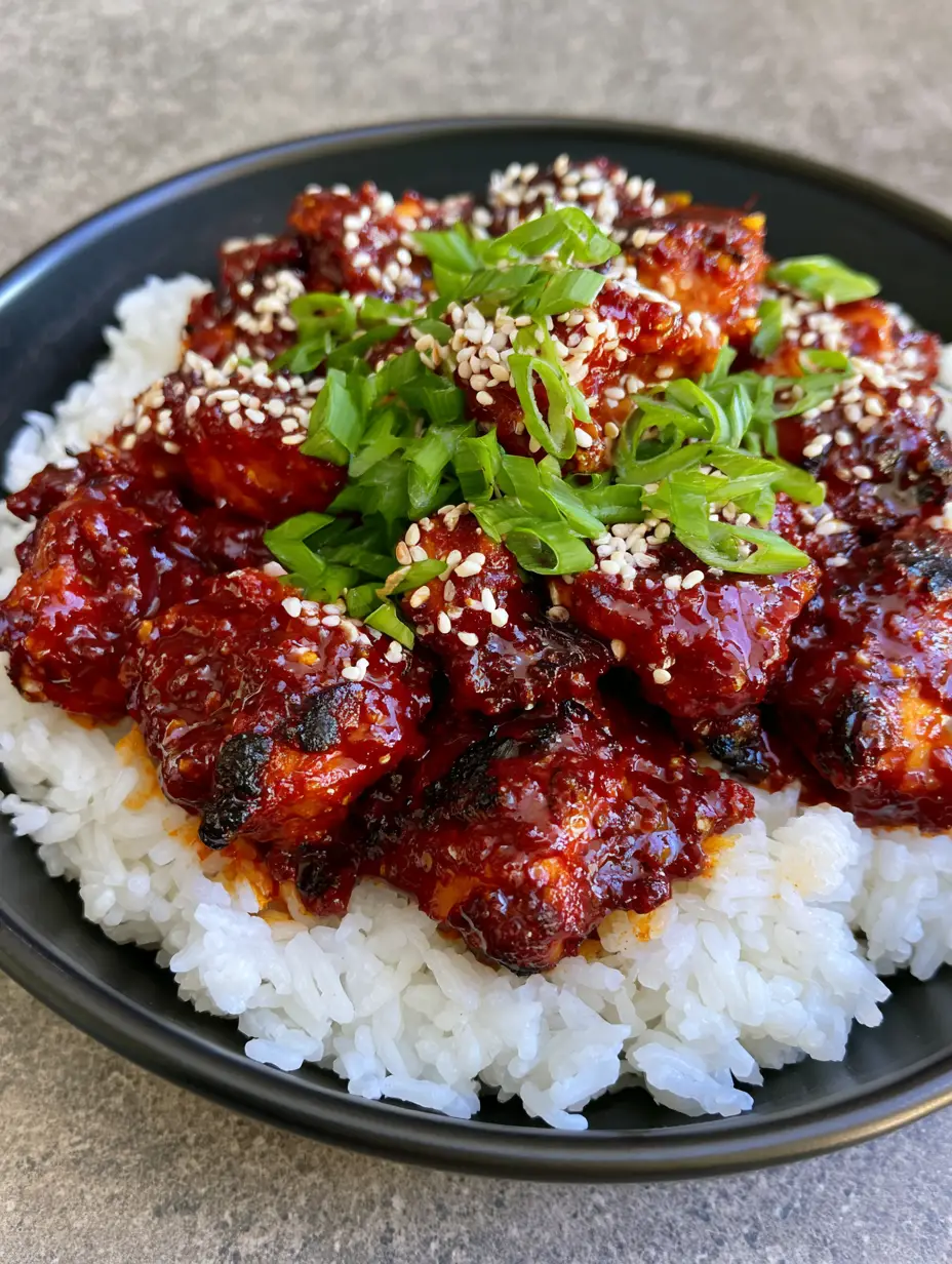 Close-up of seared chicken pieces in a glossy deep red gochujang sauce. (Korean Gochujang Chicken)