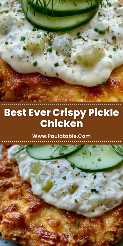 Dill Pickle Chicken: Extra Crispy Parmesan Fried Cutlets 4 A close-up of Dill Pickle Chicken featuring a golden-brown crispy parmesan cutlet topped with creamy white sauce, sliced cucumbers, and fresh dill sprigs on a matte grey plate.