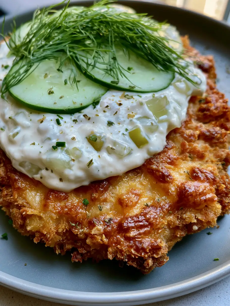 Dill Pickle Chicken: Extra Crispy Parmesan Fried Cutlets 3 A macro shot of golden-brown Dill Pickle Chicken with a jagged Parmesan crust and thick creamy pickle sauce garnish.