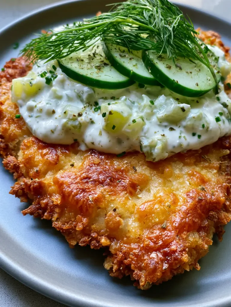 Dill Pickle Chicken: Extra Crispy Parmesan Fried Cutlets 1 Dill Pickle Chicken topped with fresh cucumber rounds and feathery dill sprigs on a simple ceramic plate.