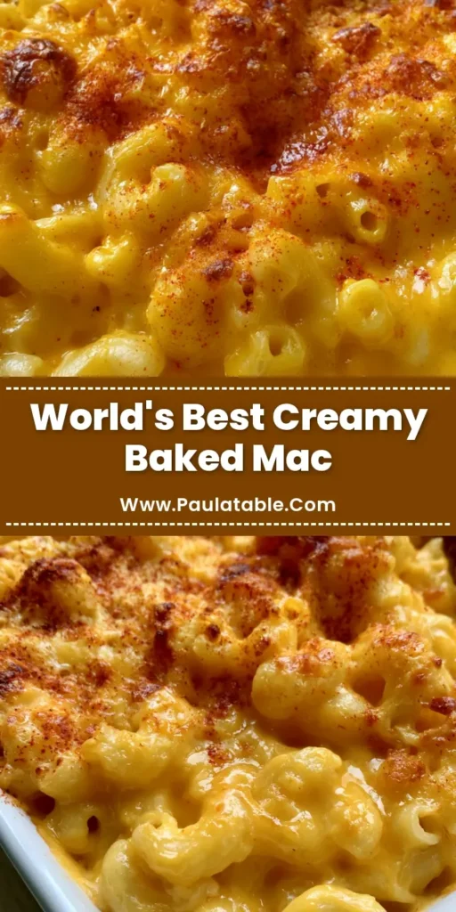 A close-up vertical shot of Creamy Baked Macaroni and Cheese in a white dish with a golden-brown bubbly cheese topping and paprika dusting.