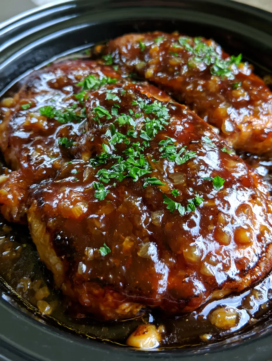 Close up handheld photo of seared thick-cut pork chops in a black slow cooker with glossy honey garlic sauce and garlic bits. (Slow Cooker Pork Chops)