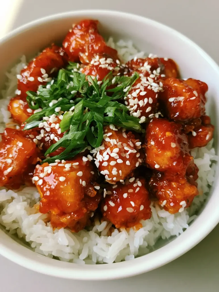 Sweet and Spicy Thai Chicken: The Ultimate 20-Minute Weeknight Dinner 2 Wide shot of a white ceramic bowl filled with fluffy steamed rice and succulent chunks of Sweet and Spicy Thai Chicken in a translucent glaze.