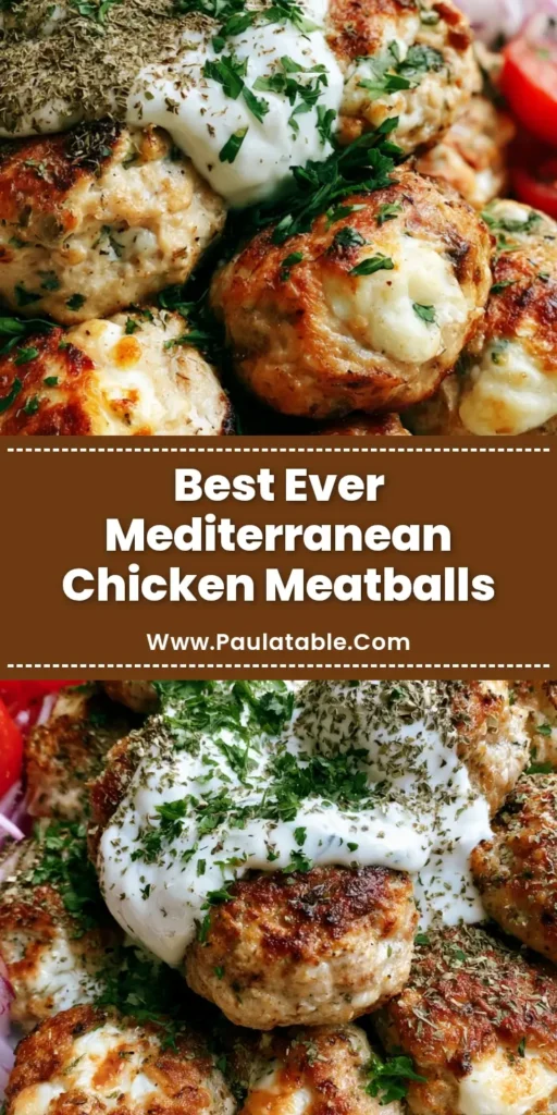 Mediterranean Chicken Meatballs with Creamy Feta and Tzatziki 3 A handheld smartphone photo of a white ceramic plate filled with golden-brown seared Mediterranean Chicken Meatballs topped with tzatziki.