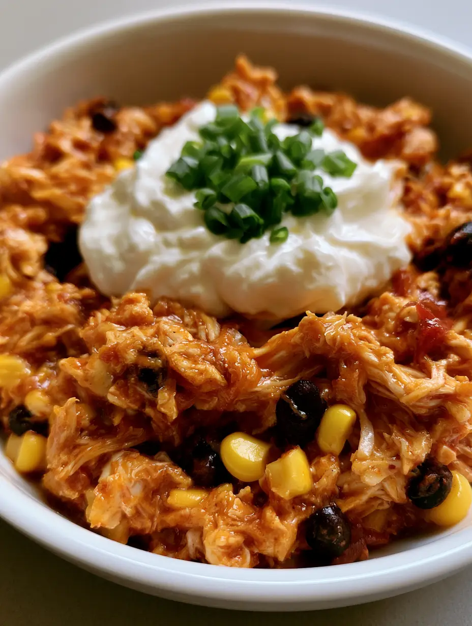 Close-up of shredded chicken tossed in orange sauce with beans and corn in a white bowl, perfect for Summer Crockpot Recipes.
