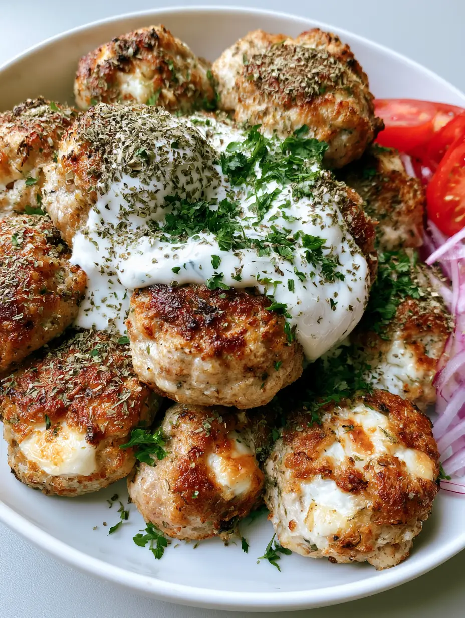 Mediterranean Chicken Meatballs with Creamy Feta and Tzatziki 4 Overhead view of seared Mediterranean Chicken Meatballs with visible feta cheese and fresh garnishes.