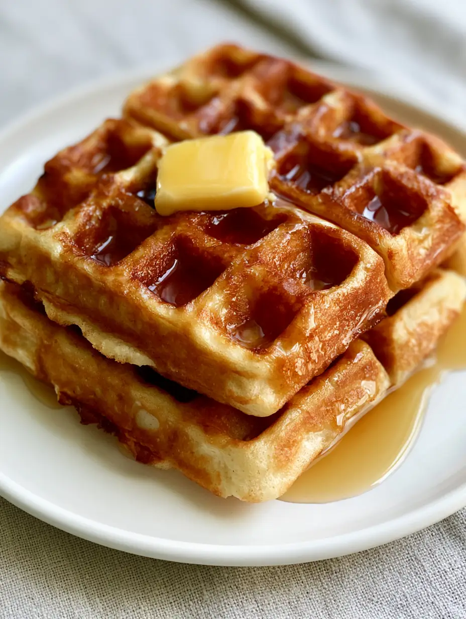Top view of golden-brown Sourdough Discard Waffles with deep pockets and crisp edges on a grey linen background.
