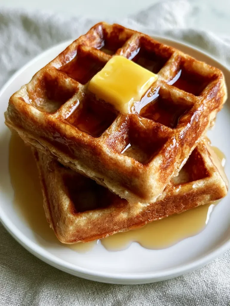 Close up of a square pat of yellow butter melting on a warm stack of Sourdough Discard Waffles.
