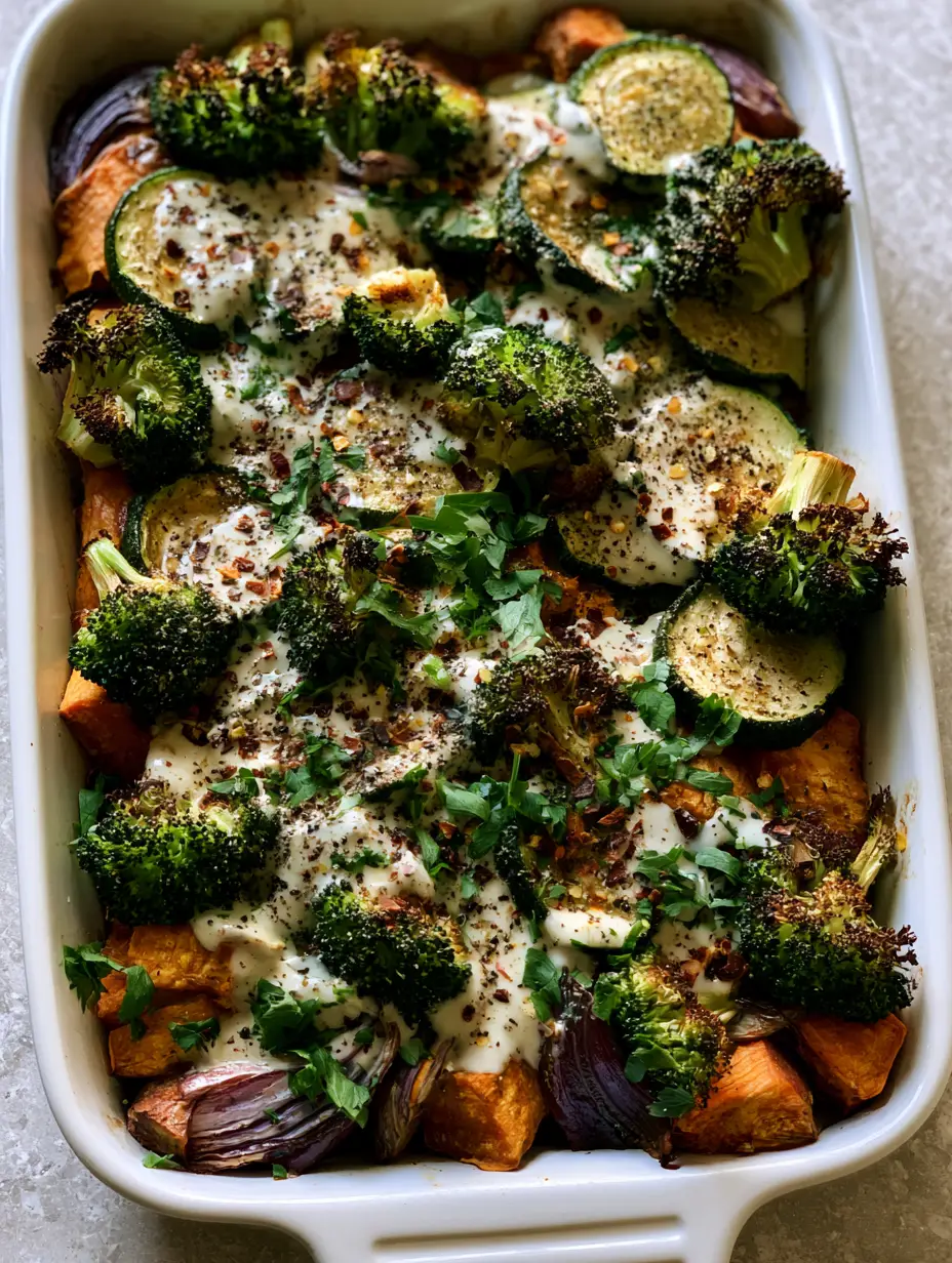 Close up of Marry Me Roasted Vegetable Bake showing charred broccoli tips and creamy garlic sauce pooling around seared zucchini.