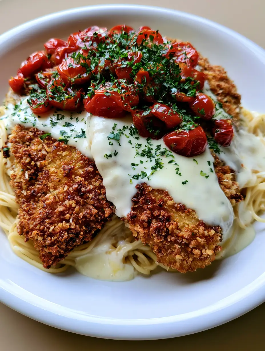 Close up handheld photo of golden-brown Chicken Romano Recipe with thick lemon cream sauce and parsley.