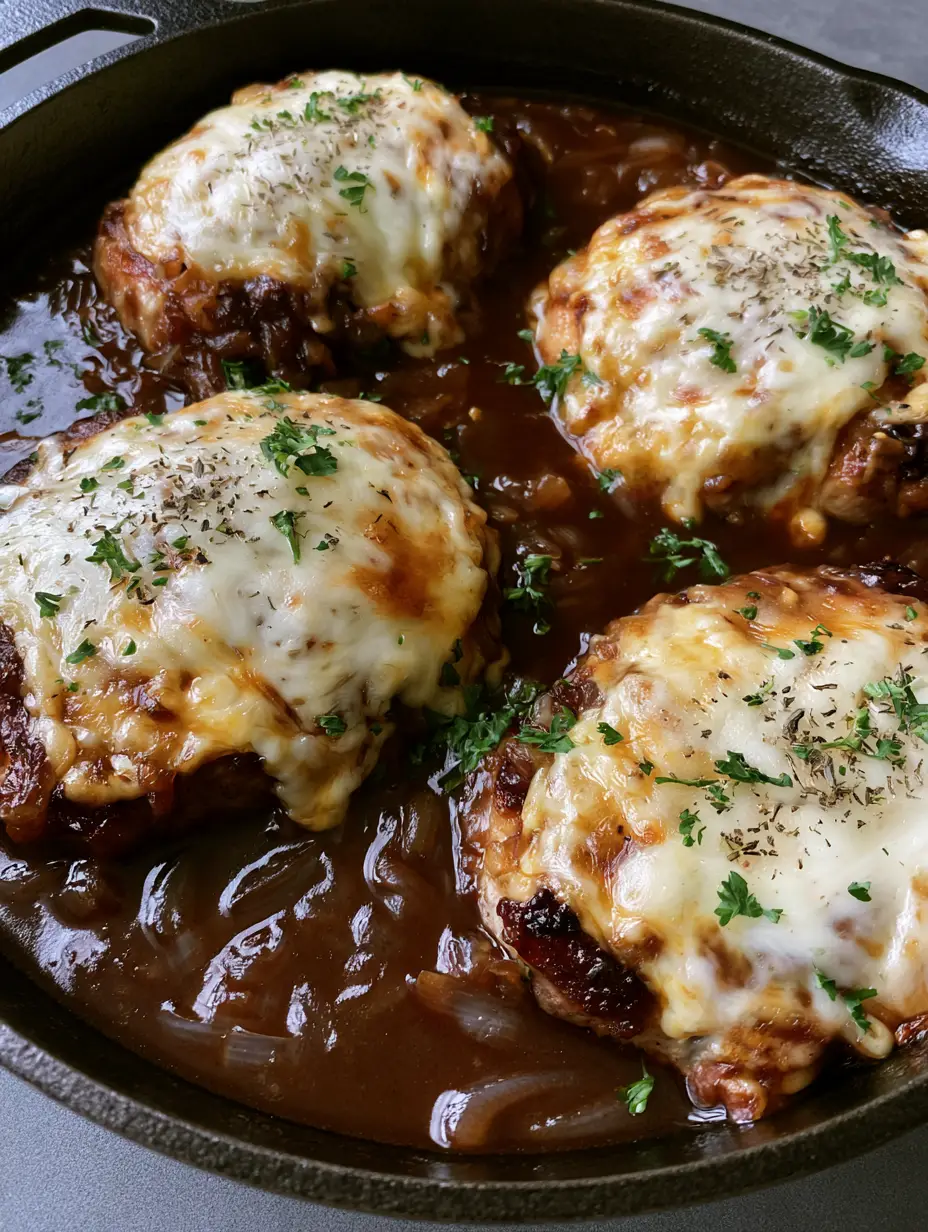 A handheld smartphone photo of French Onion Pork Chops in a skillet, showing the glossy brown gravy and fresh parsley garnish.