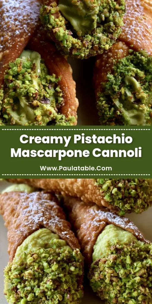 Three crispy, golden-brown fried cannoli filled with pale-green pistachio cream and dipped in crushed pistachios. (Pistachio Cannoli Recipe)