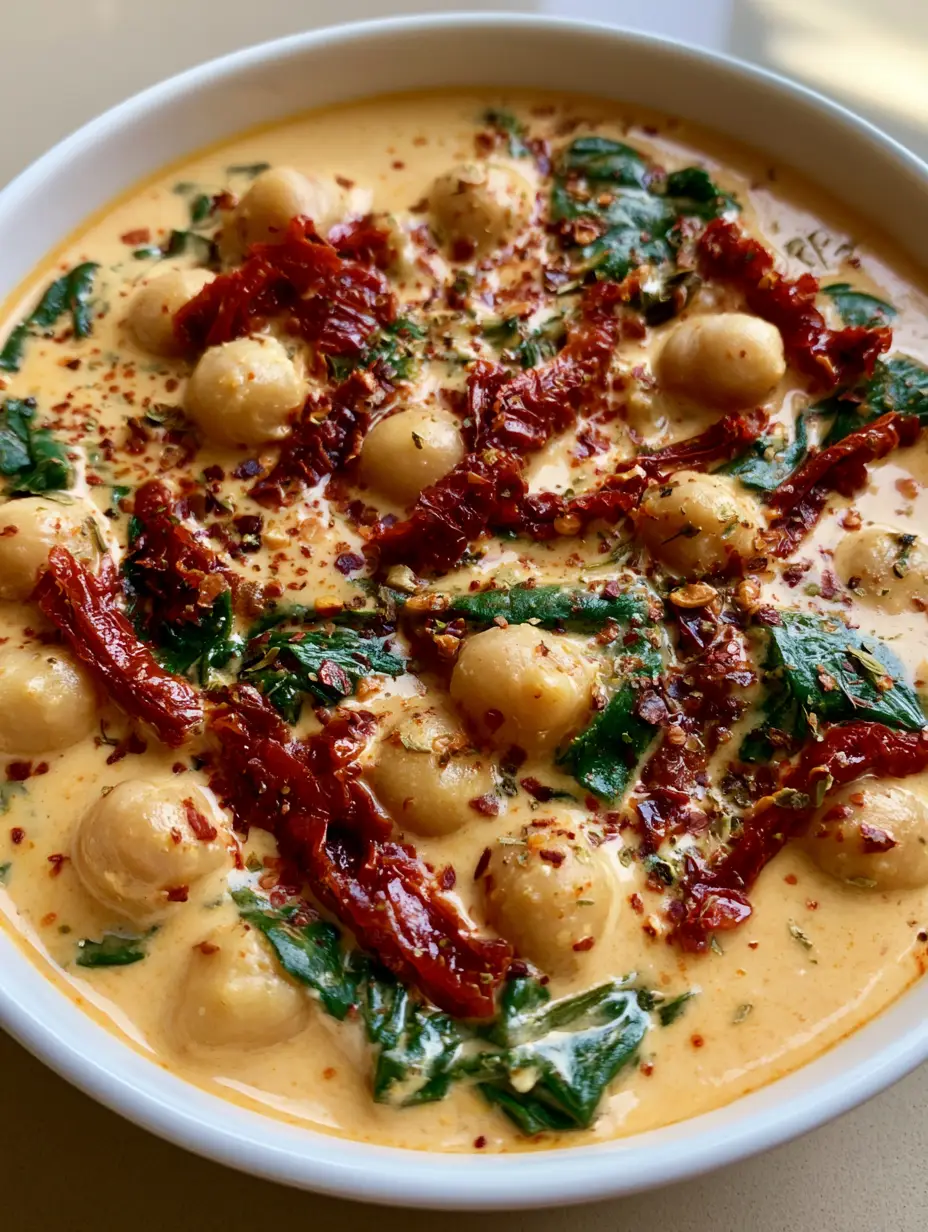 Top-down view of Marry Me Chickpeas showing plump beige chickpeas and wilted spinach in a thick sauce.