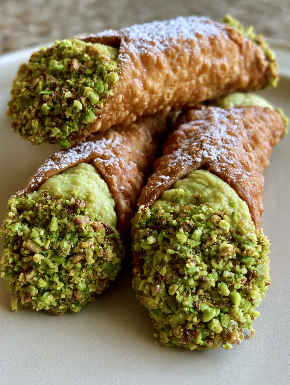 Close-up of golden bubbly cannoli shells with vibrant green pistachio filling. (Pistachio Cannoli Recipe)