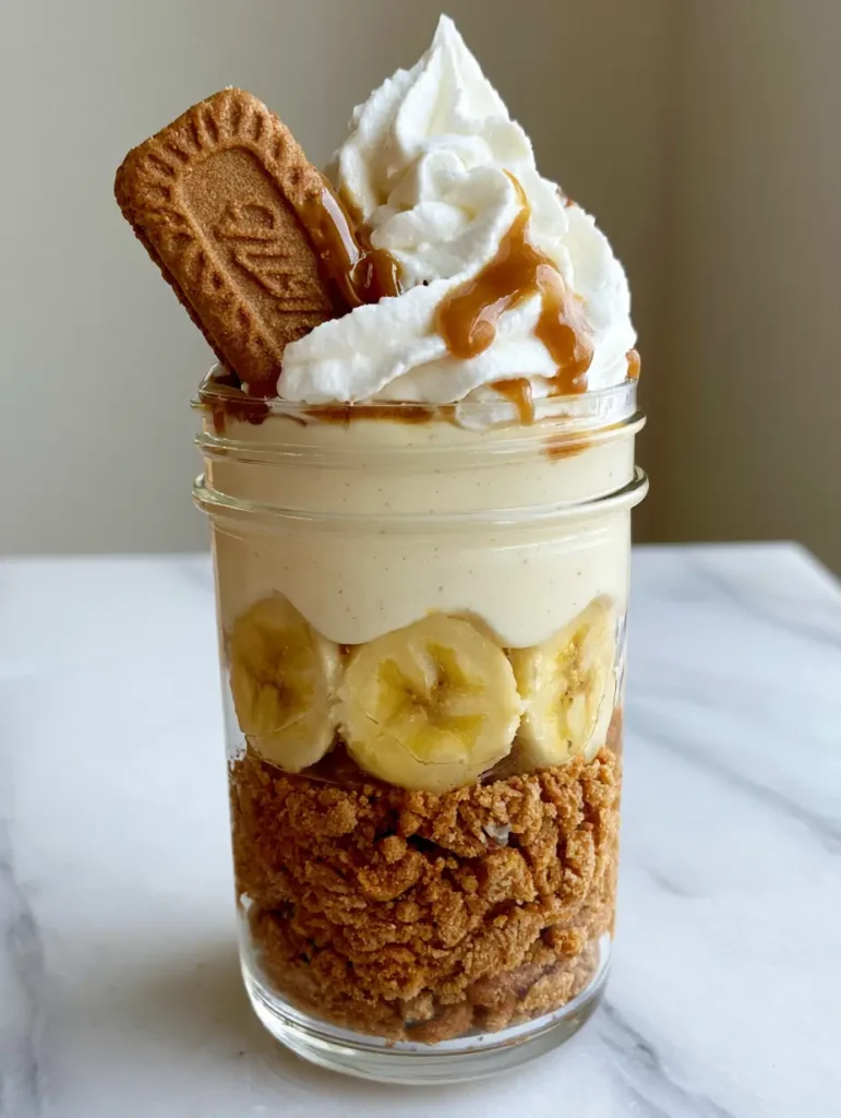 Biscoff Banana Pudding: The Ultimate Layered Cookie Butter Dessert 2 Side view of a clear glass jar with layers of Biscoff crumbs, circular banana slices, and pale ivory pudding.