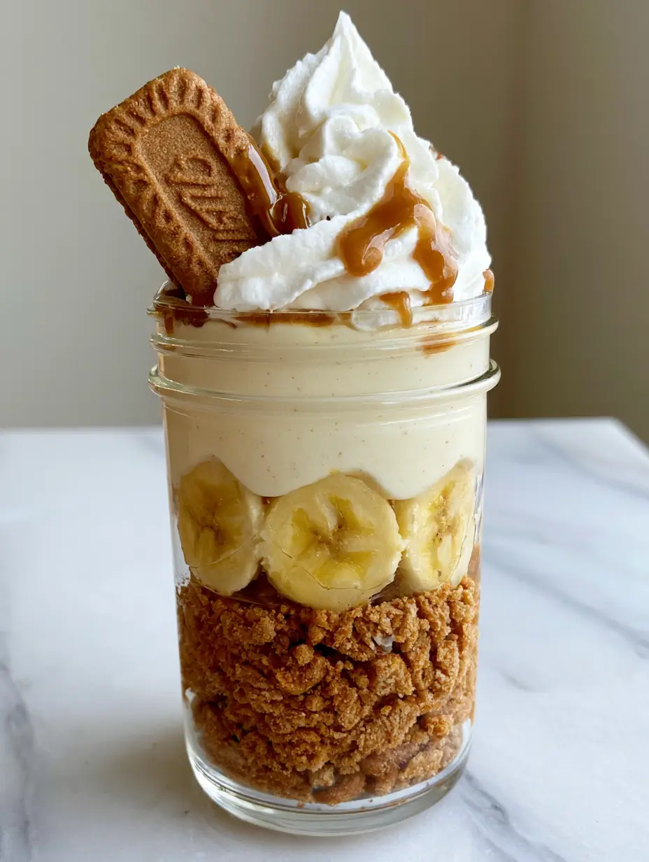 Biscoff Banana Pudding: The Ultimate Layered Cookie Butter Dessert 3 Side view of a clear glass jar with layers of Biscoff crumbs, circular banana slices, and pale ivory pudding.