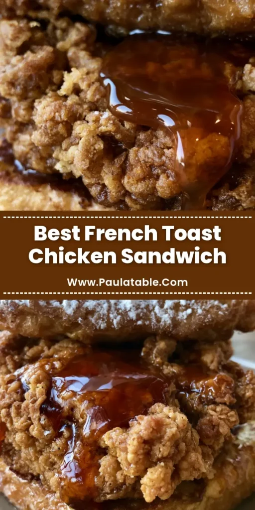French Toast Fried Chicken Sandwich: The Ultimate Sweet and Savory Brunch 4 A towering French Toast Fried Chicken Sandwich with golden brioche, craggy fried chicken, and maple syrup drizzle on a neutral plate.